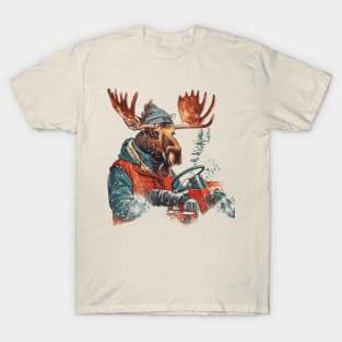 Winter Moose on Snow Plow Vintage Illustration T-Shirt